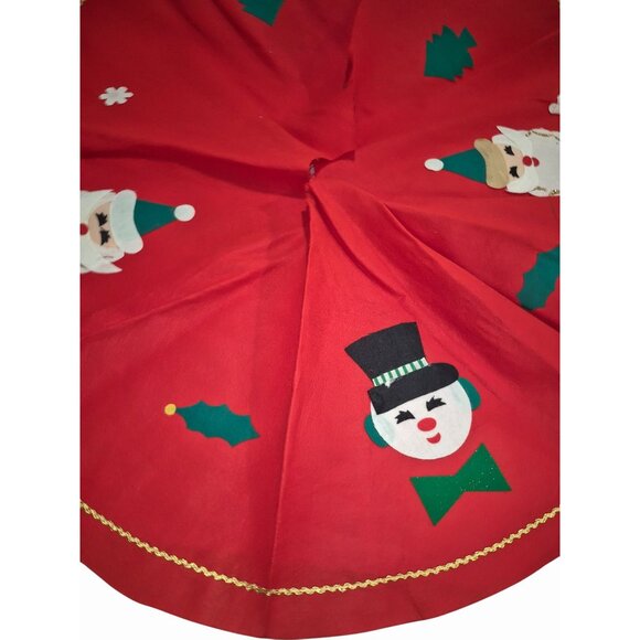 Vintage Mcm Red Christmas Tree Skirt With Santa Snowman Appliques - Picture 2 of 10